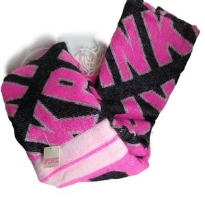 Pink Victoria's Secret Blanket Scarf Pink Black White Fringe 27" x 88" NWT